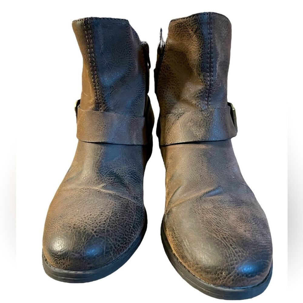 Crown Vintage Ankle Booties Women 9 Outdoor Leather Buckle Zips Block Heel Brown
